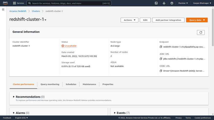 AWS Redshift Cluster Screen